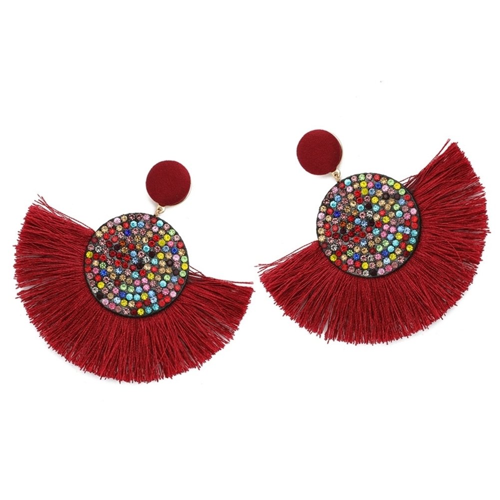 Bohemia Women Fan Shape Tassel Rhinestone Inlaid Ear Stud Earrings Jewelry Gift Image 12