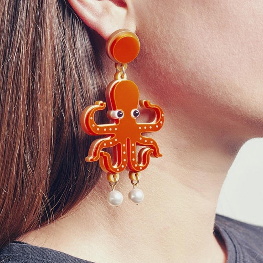 Creative Lady Acrylic Lobster Octopus Faux Pearl Pendant Statement Stud Earrings Image 3