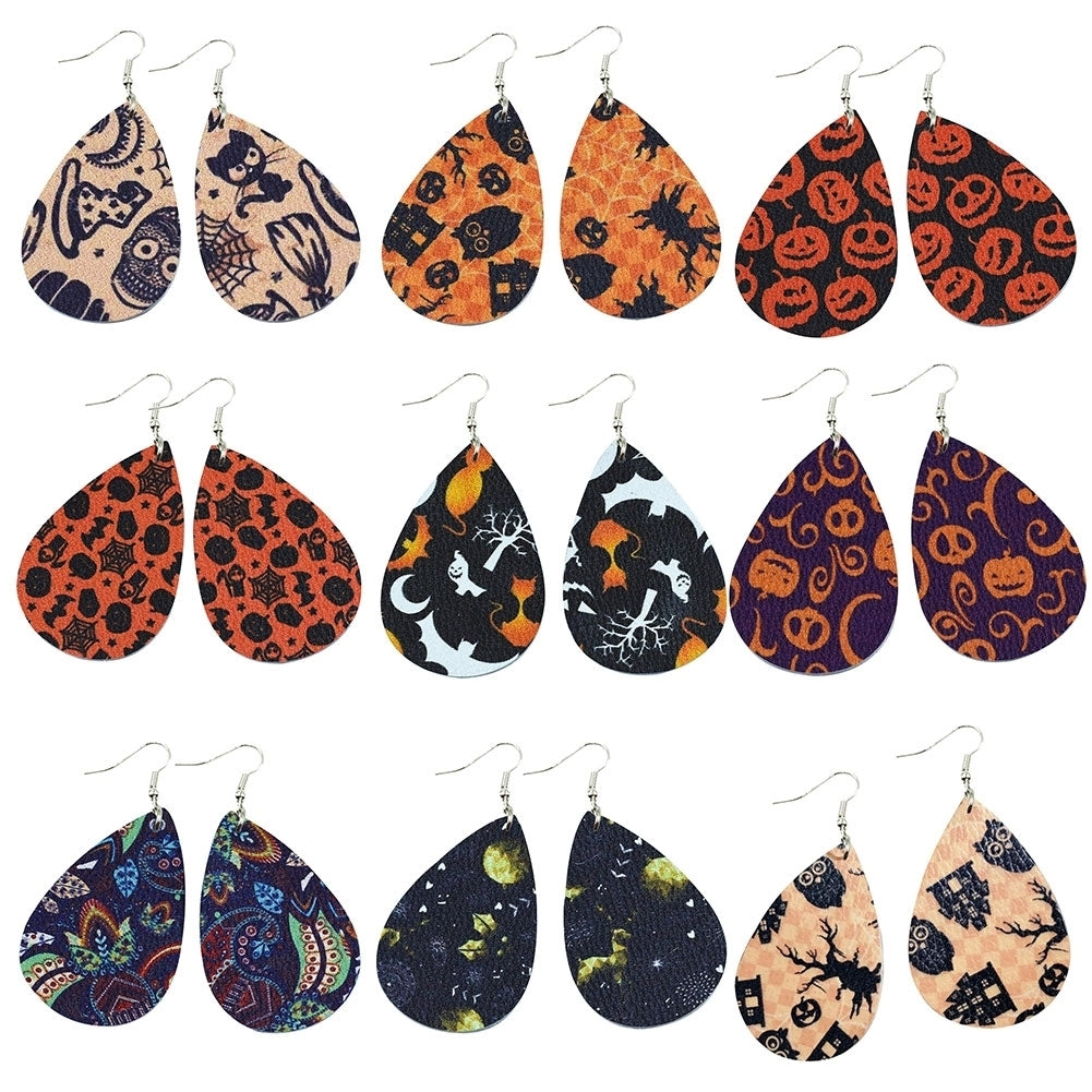 Halloween Skull Pumpkin Teardrop Faux Leather Drop Dangle Women Hook Earrings Image 1