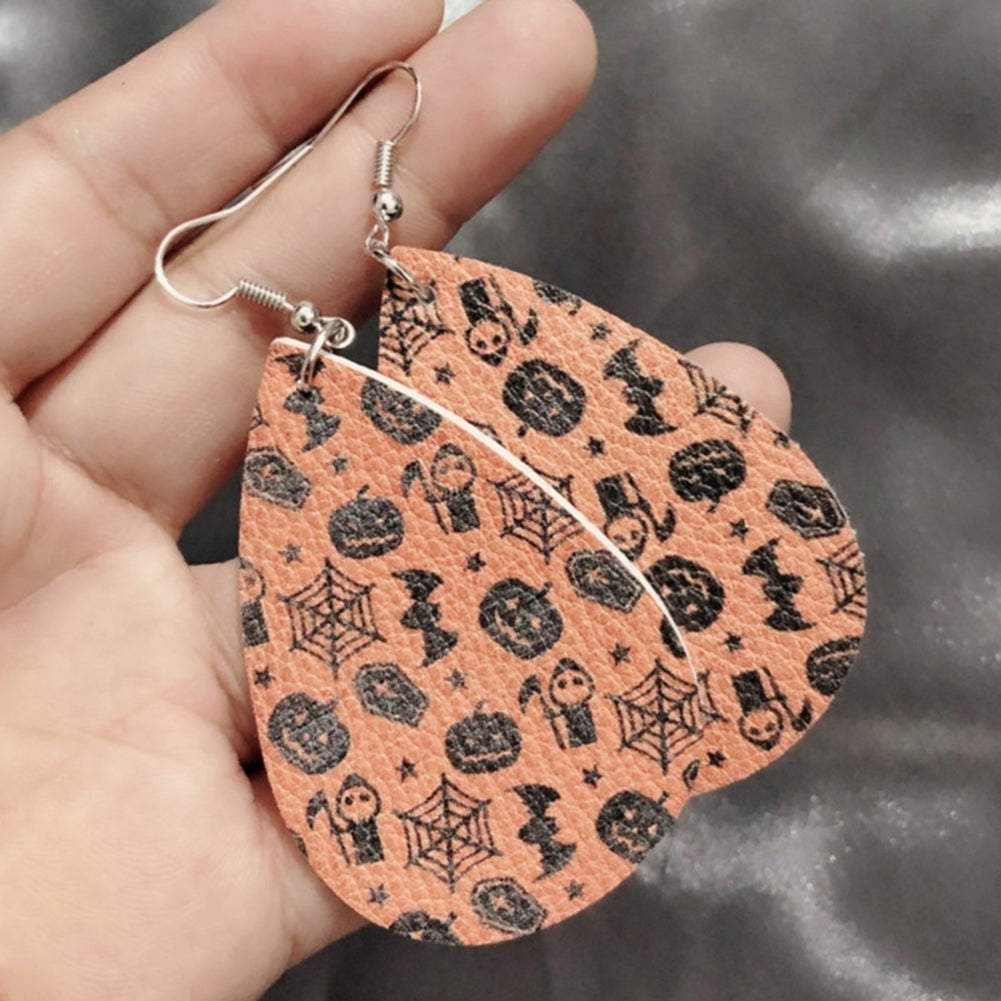 Halloween Skull Pumpkin Teardrop Faux Leather Drop Dangle Women Hook Earrings Image 2