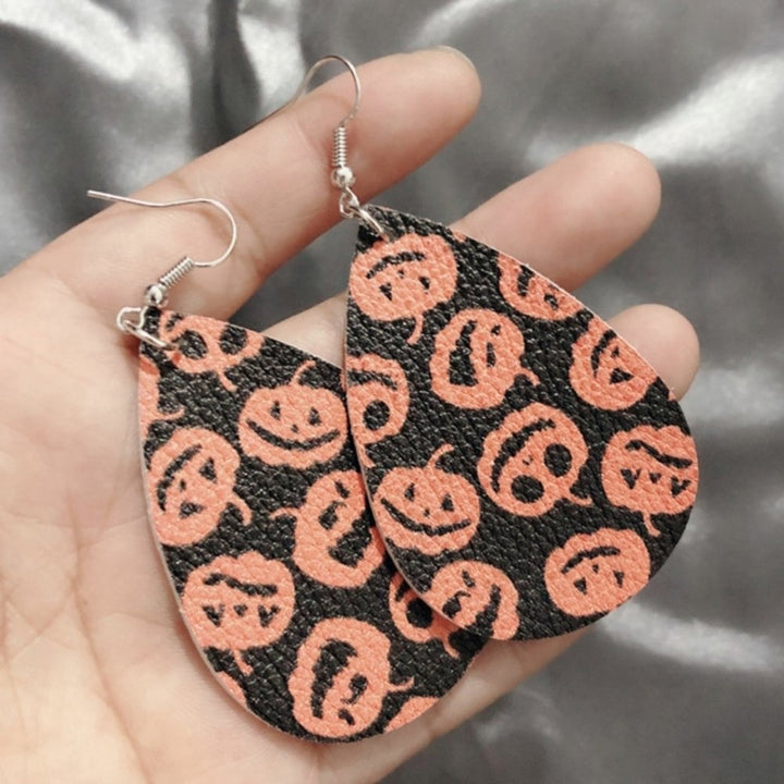 Halloween Skull Pumpkin Teardrop Faux Leather Drop Dangle Women Hook Earrings Image 3