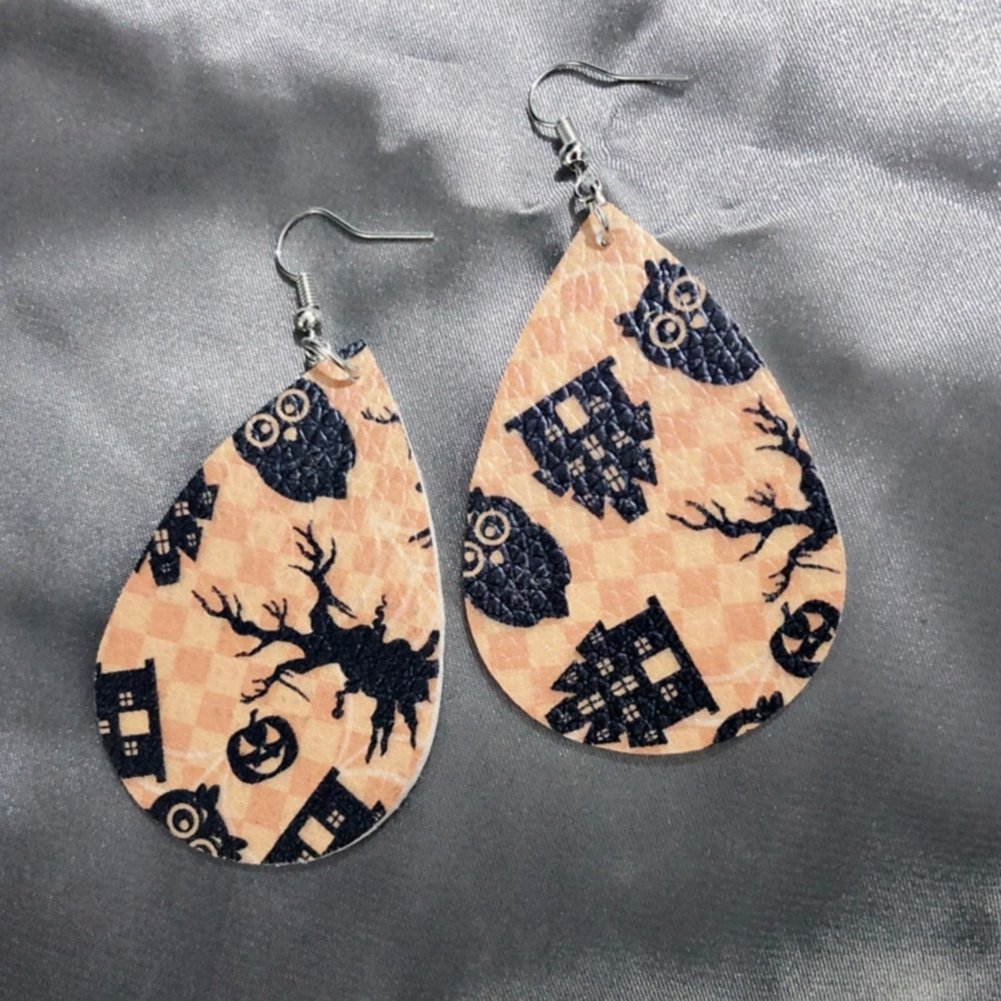 Halloween Skull Pumpkin Teardrop Faux Leather Drop Dangle Women Hook Earrings Image 4