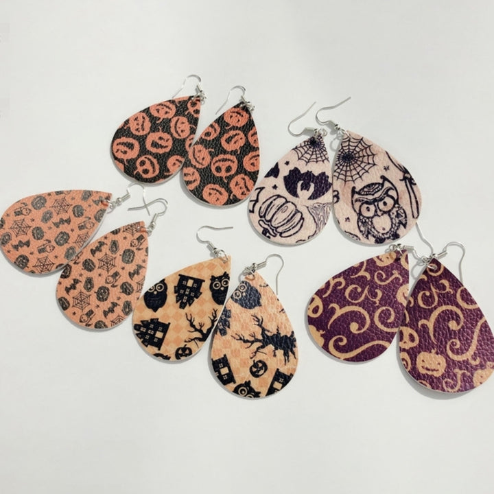 Halloween Skull Pumpkin Teardrop Faux Leather Drop Dangle Women Hook Earrings Image 6