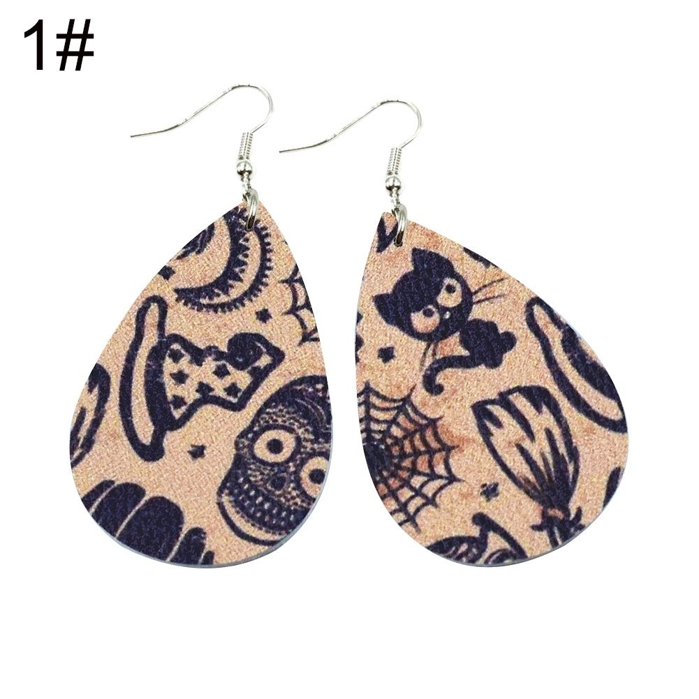 Halloween Skull Pumpkin Teardrop Faux Leather Drop Dangle Women Hook Earrings Image 7