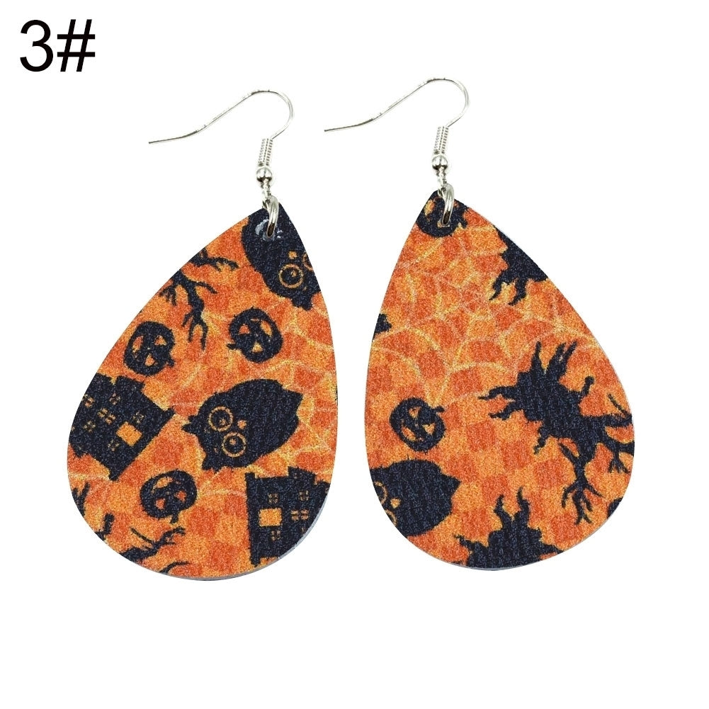 Halloween Skull Pumpkin Teardrop Faux Leather Drop Dangle Women Hook Earrings Image 8