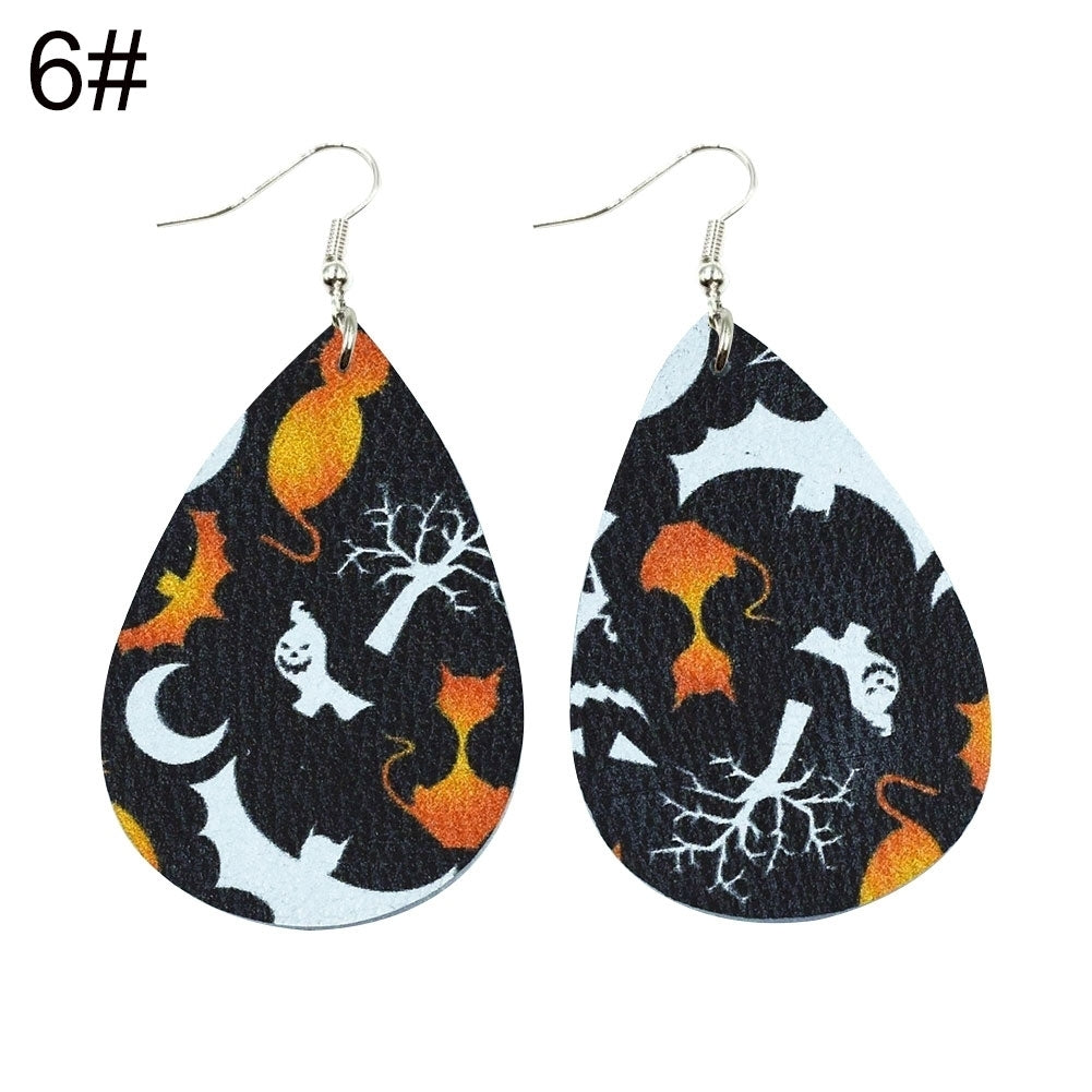 Halloween Skull Pumpkin Teardrop Faux Leather Drop Dangle Women Hook Earrings Image 11