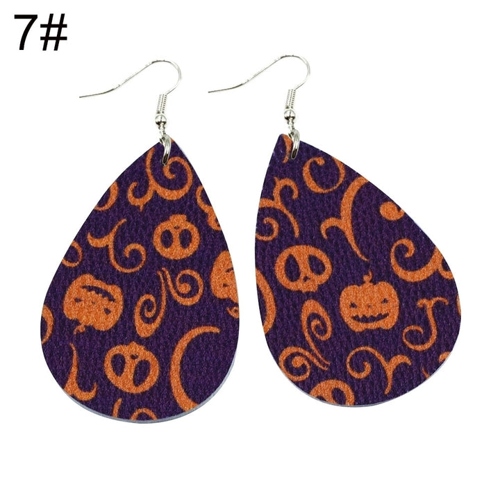 Halloween Skull Pumpkin Teardrop Faux Leather Drop Dangle Women Hook Earrings Image 12