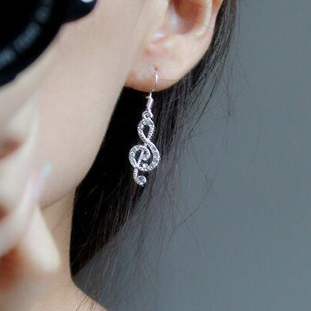 Fashion Women Rhinestone Inlaid Treble Music Note Charm Dangle Hook Earring Image 4