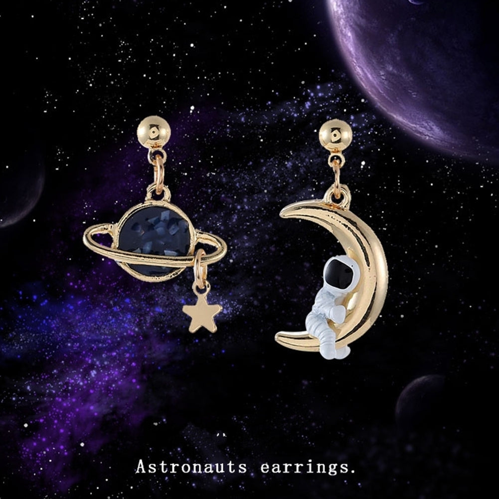 Creative Asymmetrical Astronaut Planet Moon Pendant Women Stud Earrings Jewelry Image 1