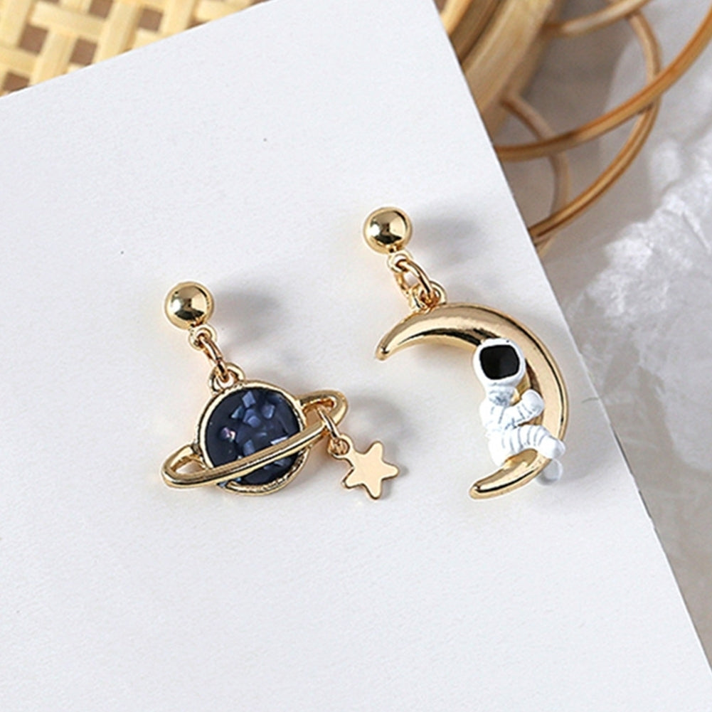 Creative Asymmetrical Astronaut Planet Moon Pendant Women Stud Earrings Jewelry Image 3