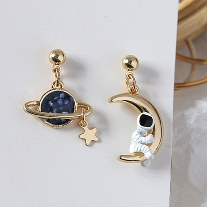 Creative Asymmetrical Astronaut Planet Moon Pendant Women Stud Earrings Jewelry Image 6