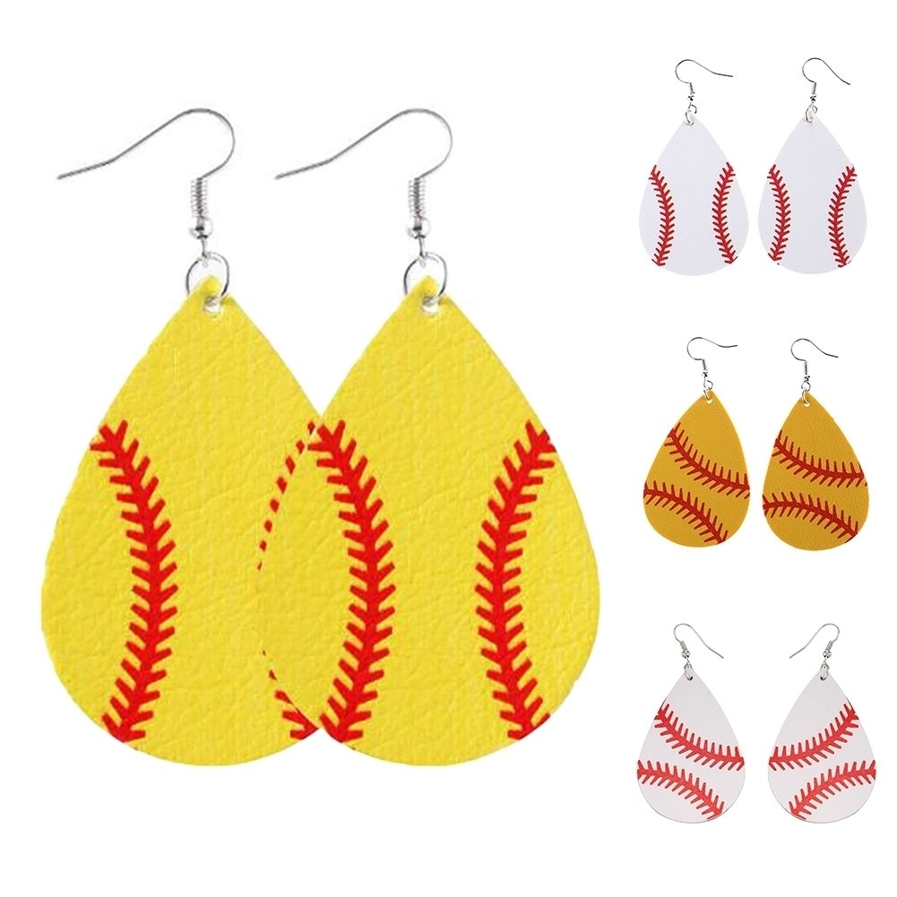 Fashion Women Baseball Pattern Teardrop Dangle Faux Leather Hook Earrings Gift Image 1