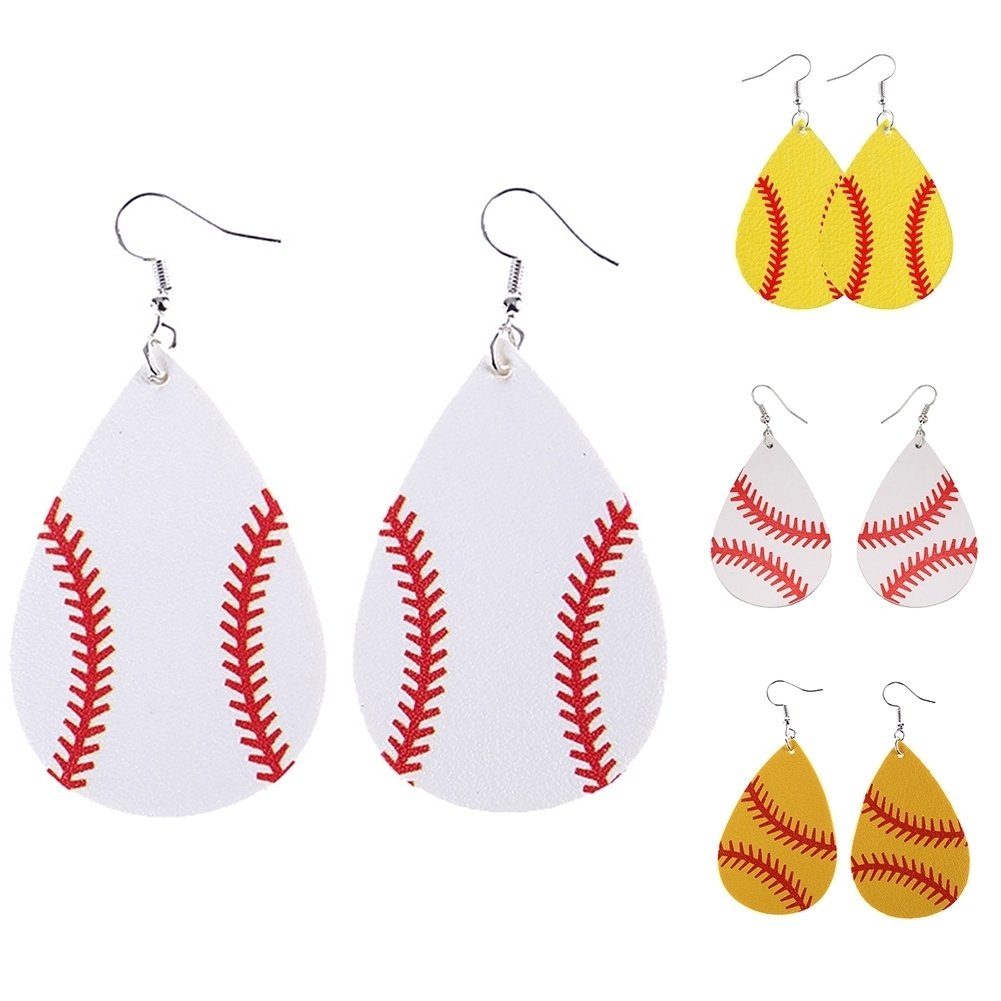 Fashion Women Baseball Pattern Teardrop Dangle Faux Leather Hook Earrings Gift Image 2