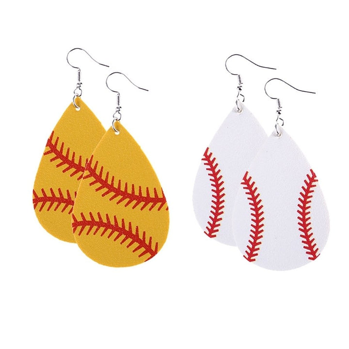 Fashion Women Baseball Pattern Teardrop Dangle Faux Leather Hook Earrings Gift Image 3