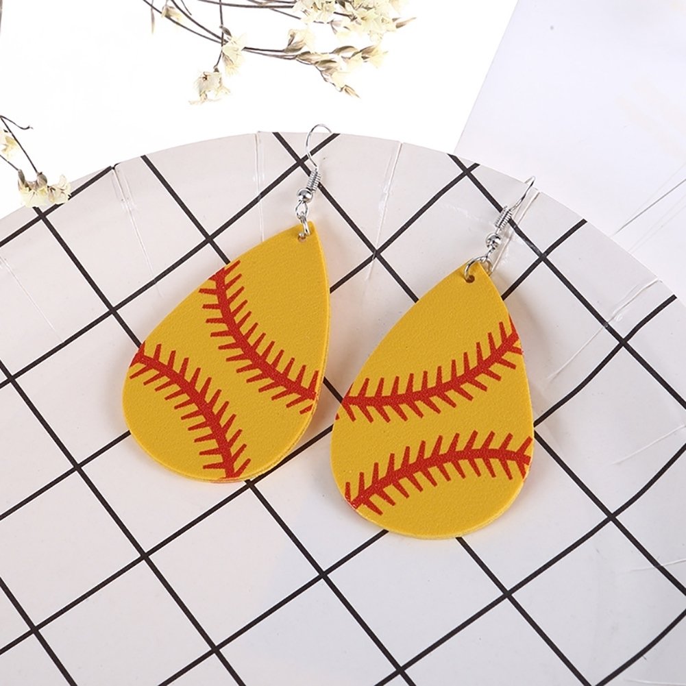 Fashion Women Baseball Pattern Teardrop Dangle Faux Leather Hook Earrings Gift Image 4