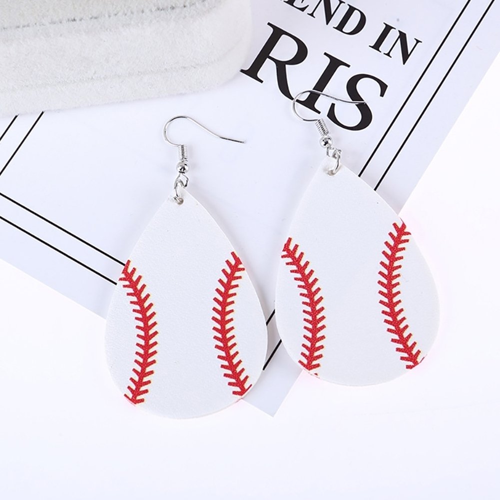 Fashion Women Baseball Pattern Teardrop Dangle Faux Leather Hook Earrings Gift Image 4