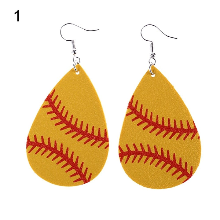 Fashion Women Baseball Pattern Teardrop Dangle Faux Leather Hook Earrings Gift Image 7