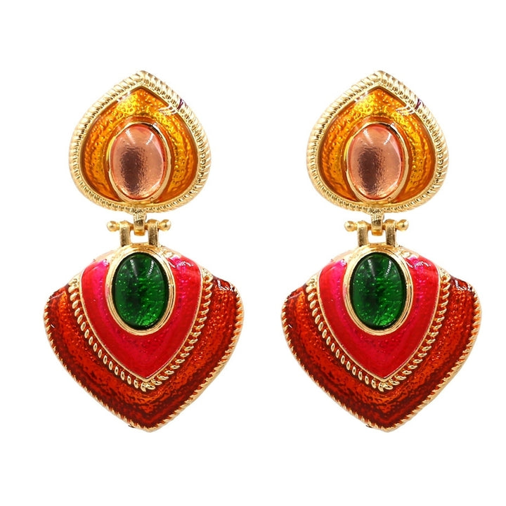 Women Faux Gem Inlaid Enamel Heart Dangle Multicolor Stud Earrings Jewelry Gift Image 3