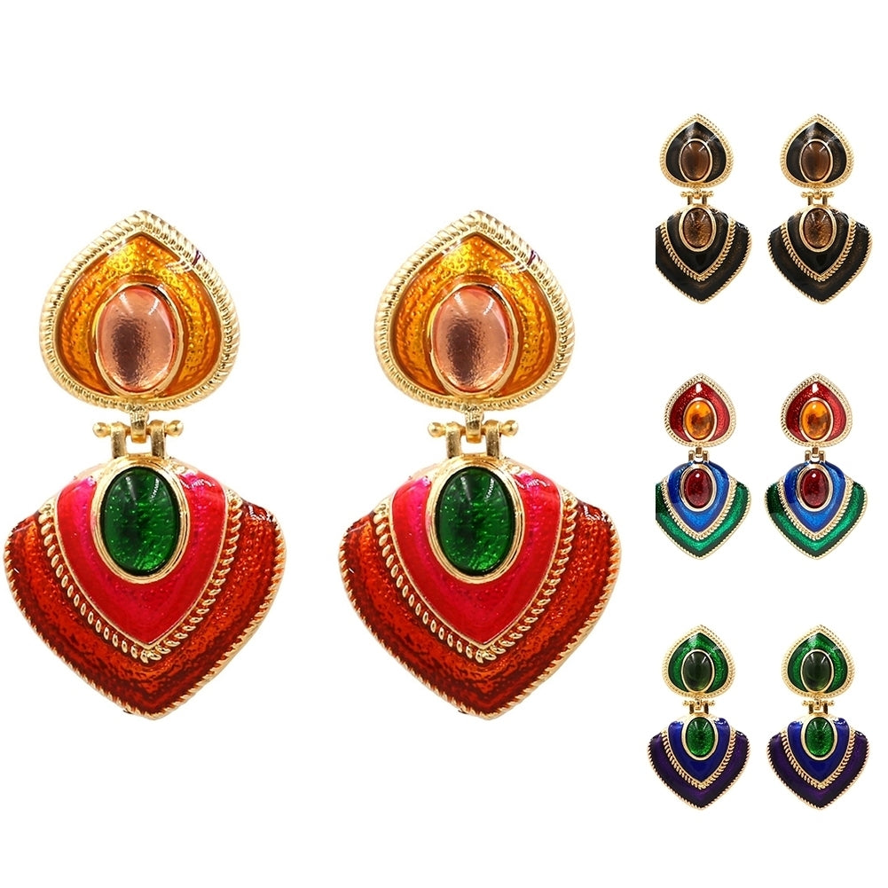 Women Faux Gem Inlaid Enamel Heart Dangle Multicolor Stud Earrings Jewelry Gift Image 4