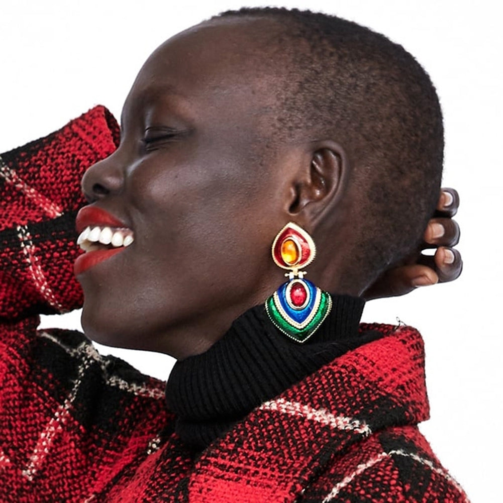 Women Faux Gem Inlaid Enamel Heart Dangle Multicolor Stud Earrings Jewelry Gift Image 4