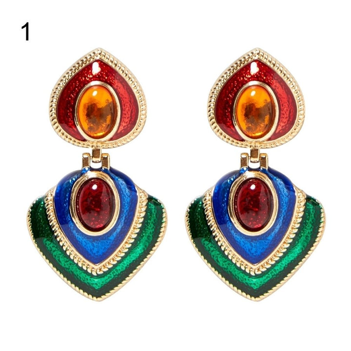 Women Faux Gem Inlaid Enamel Heart Dangle Multicolor Stud Earrings Jewelry Gift Image 6