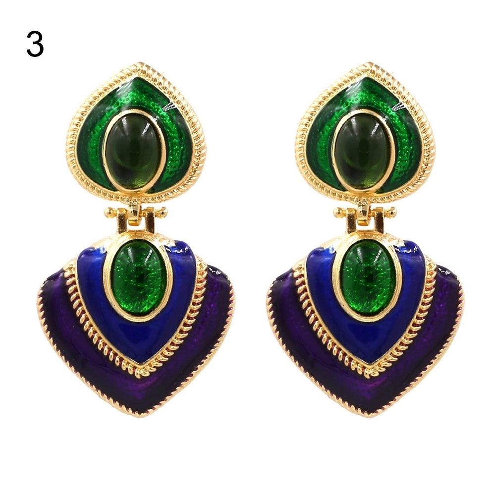Women Faux Gem Inlaid Enamel Heart Dangle Multicolor Stud Earrings Jewelry Gift Image 8