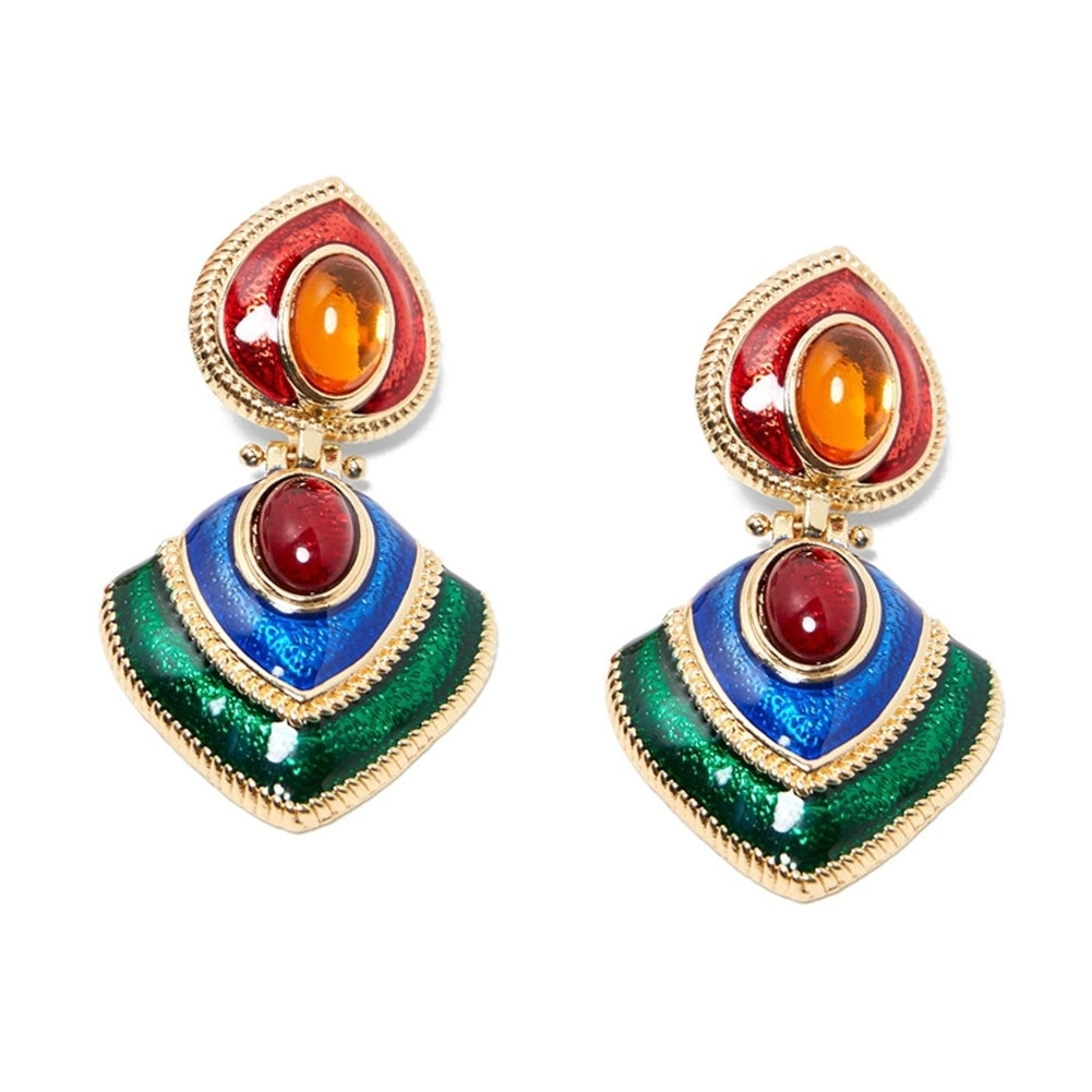 Women Faux Gem Inlaid Enamel Heart Dangle Multicolor Stud Earrings Jewelry Gift Image 10