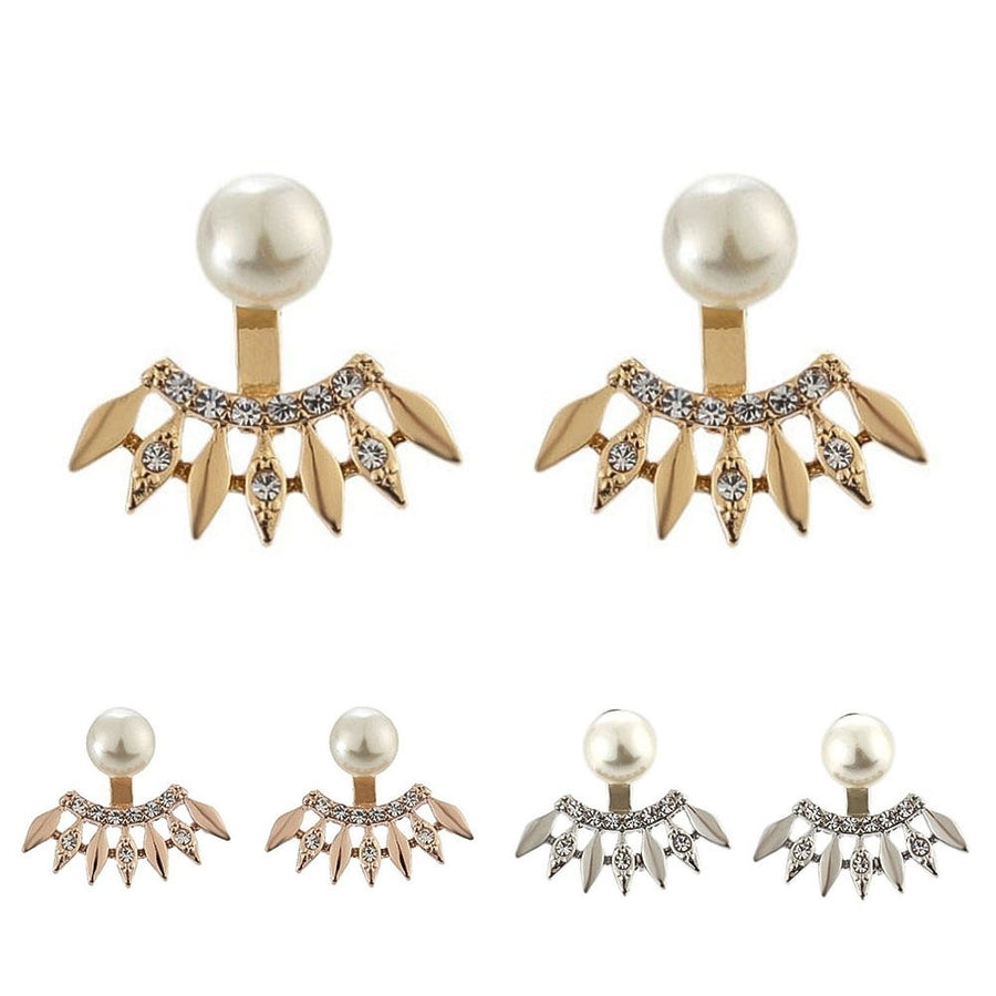 Fashion Women Rhinestone Faux Pearl Fan Shape Ear Jackets Earrings Jewelry Gift Image 1