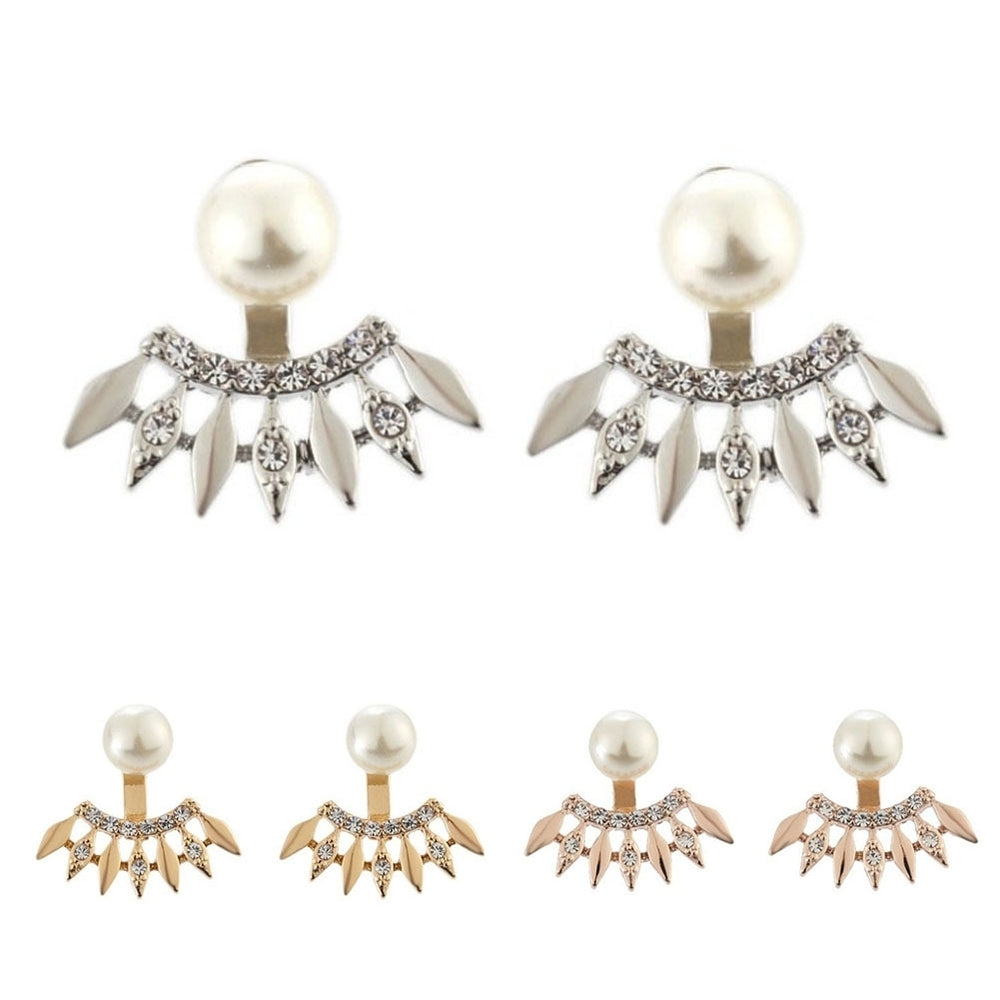 Fashion Women Rhinestone Faux Pearl Fan Shape Ear Jackets Earrings Jewelry Gift Image 2