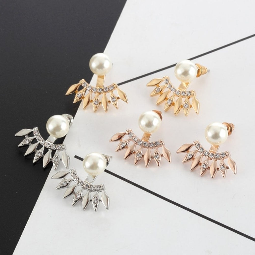 Fashion Women Rhinestone Faux Pearl Fan Shape Ear Jackets Earrings Jewelry Gift Image 3