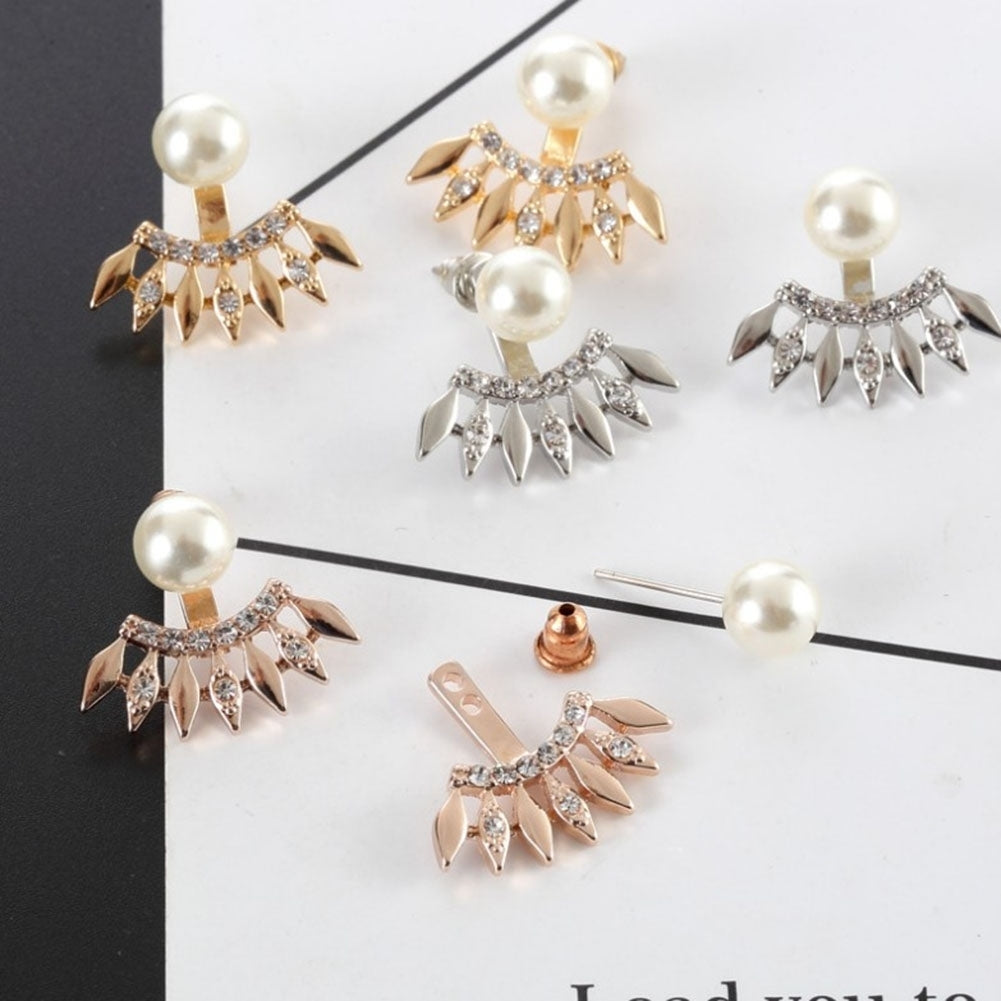 Fashion Women Rhinestone Faux Pearl Fan Shape Ear Jackets Earrings Jewelry Gift Image 4