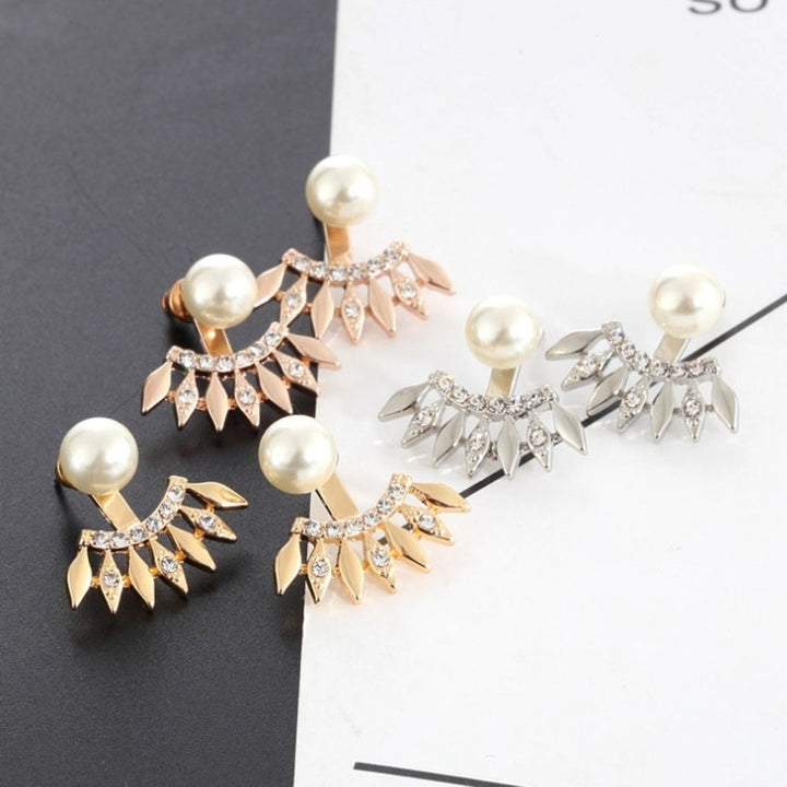 Fashion Women Rhinestone Faux Pearl Fan Shape Ear Jackets Earrings Jewelry Gift Image 4