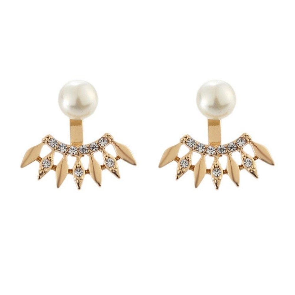 Fashion Women Rhinestone Faux Pearl Fan Shape Ear Jackets Earrings Jewelry Gift Image 6