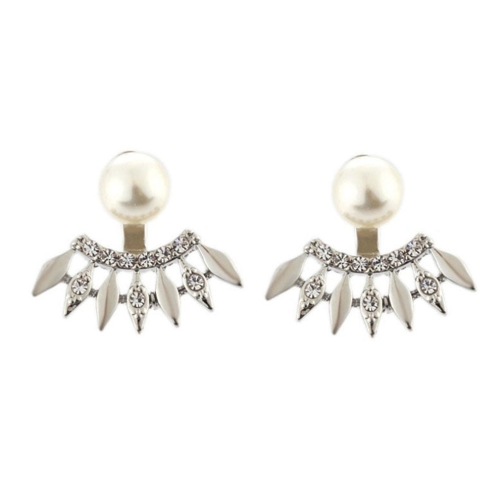 Fashion Women Rhinestone Faux Pearl Fan Shape Ear Jackets Earrings Jewelry Gift Image 7