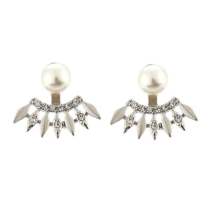 Fashion Women Rhinestone Faux Pearl Fan Shape Ear Jackets Earrings Jewelry Gift Image 7