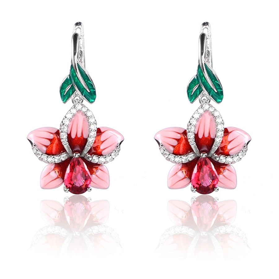 Fashion Women Enamel Leaf Flower Pendant Rhinestone Inlaid Leverback Earrings Image 1