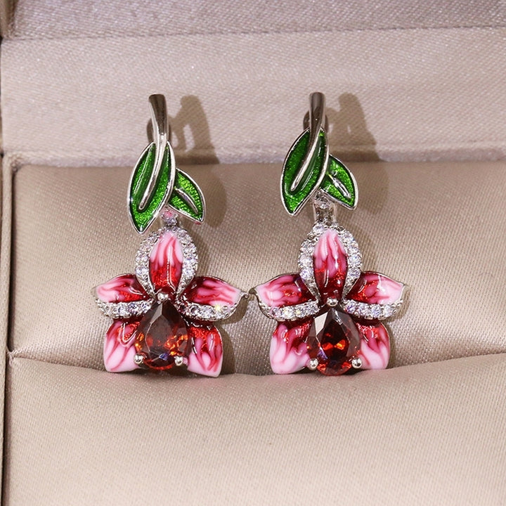 Fashion Women Enamel Leaf Flower Pendant Rhinestone Inlaid Leverback Earrings Image 3