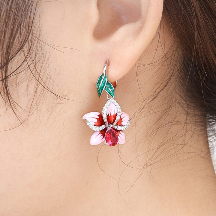 Fashion Women Enamel Leaf Flower Pendant Rhinestone Inlaid Leverback Earrings Image 6