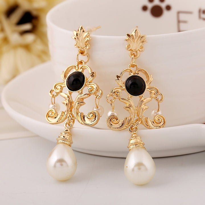 Evening Party Women Metal Palace Floral Faux Pearl Statement Stud Earrings Gift Image 1