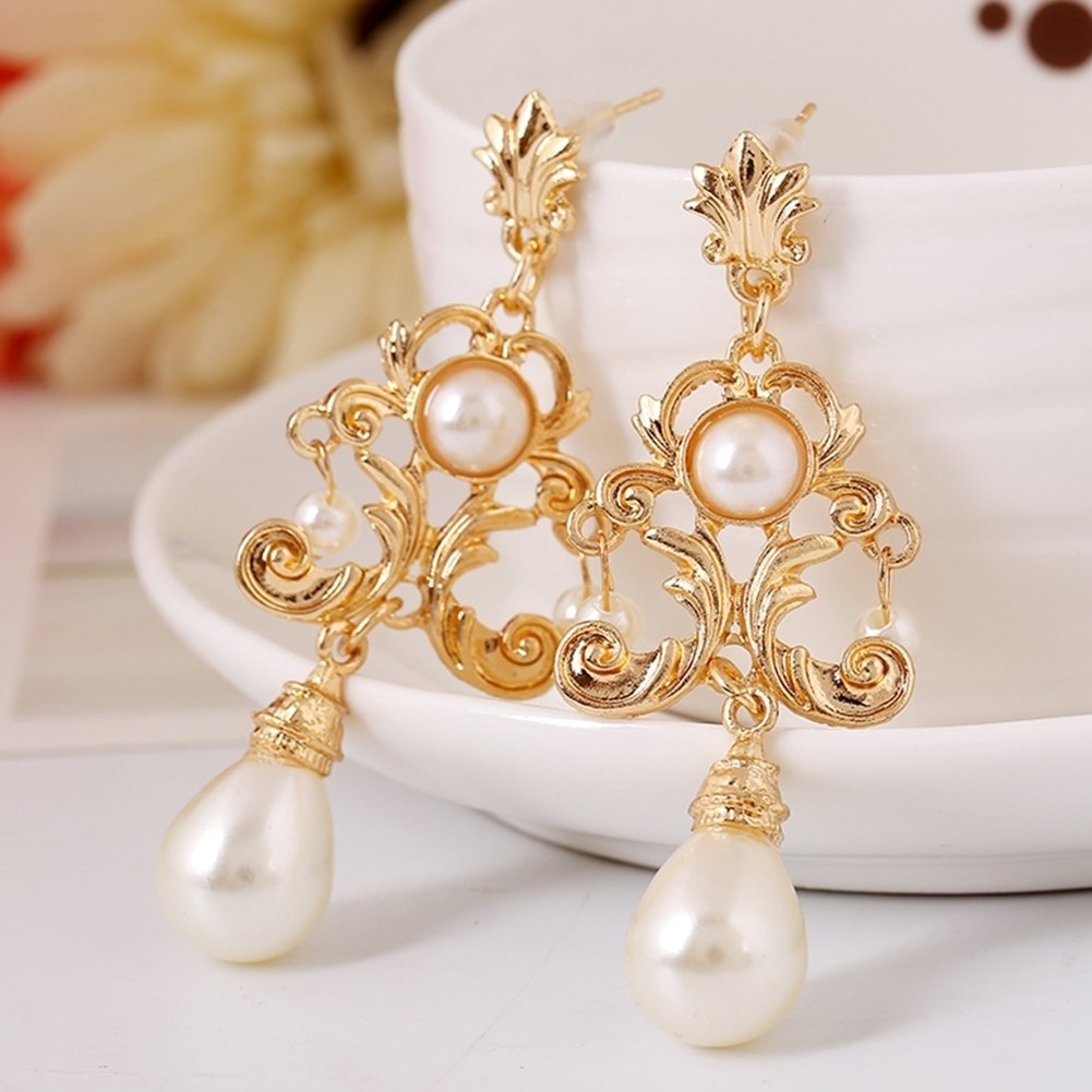 Evening Party Women Metal Palace Floral Faux Pearl Statement Stud Earrings Gift Image 2