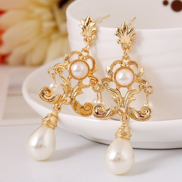 Evening Party Women Metal Palace Floral Faux Pearl Statement Stud Earrings Gift Image 2