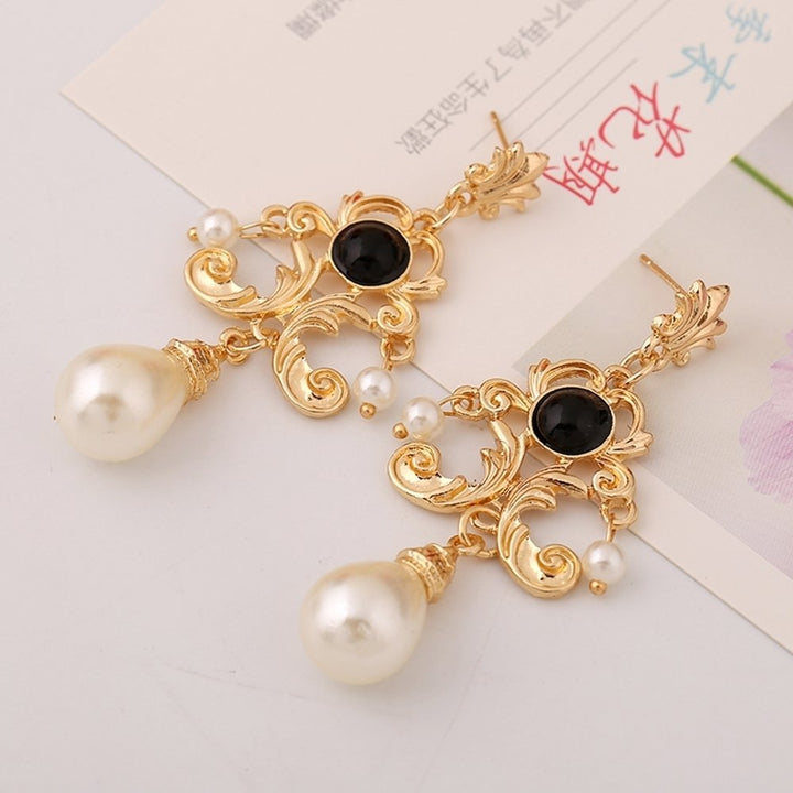 Evening Party Women Metal Palace Floral Faux Pearl Statement Stud Earrings Gift Image 3