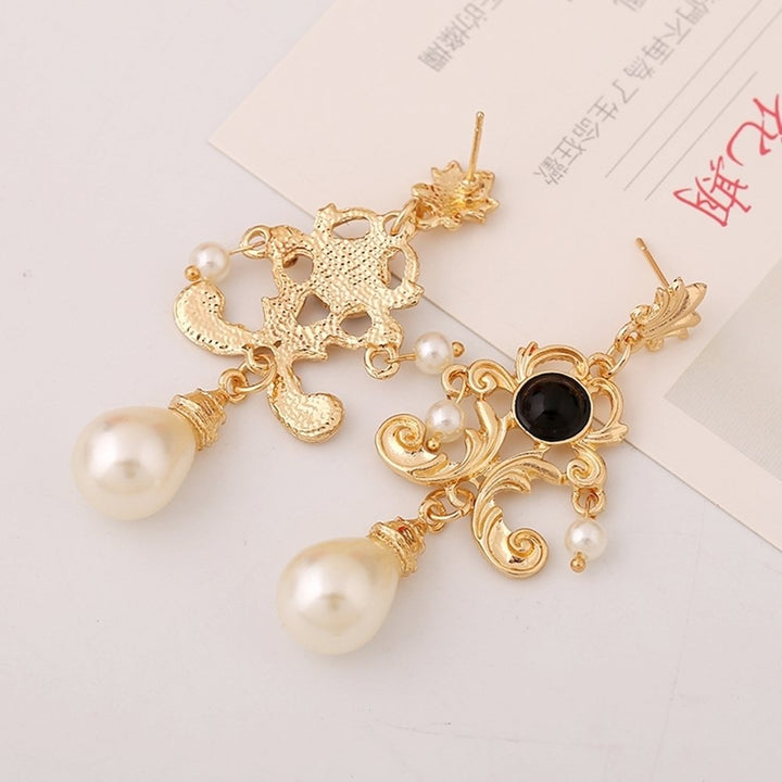 Evening Party Women Metal Palace Floral Faux Pearl Statement Stud Earrings Gift Image 4