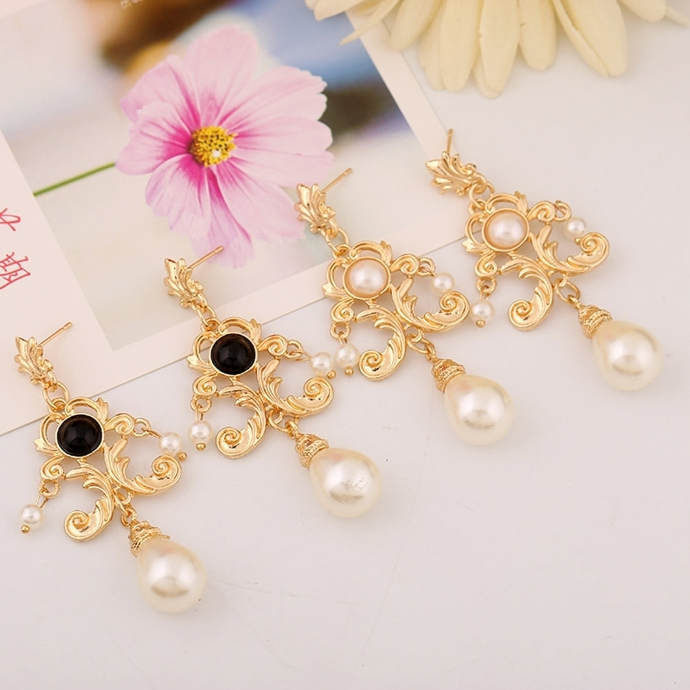 Evening Party Women Metal Palace Floral Faux Pearl Statement Stud Earrings Gift Image 4