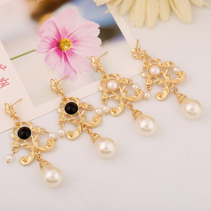 Evening Party Women Metal Palace Floral Faux Pearl Statement Stud Earrings Gift Image 4