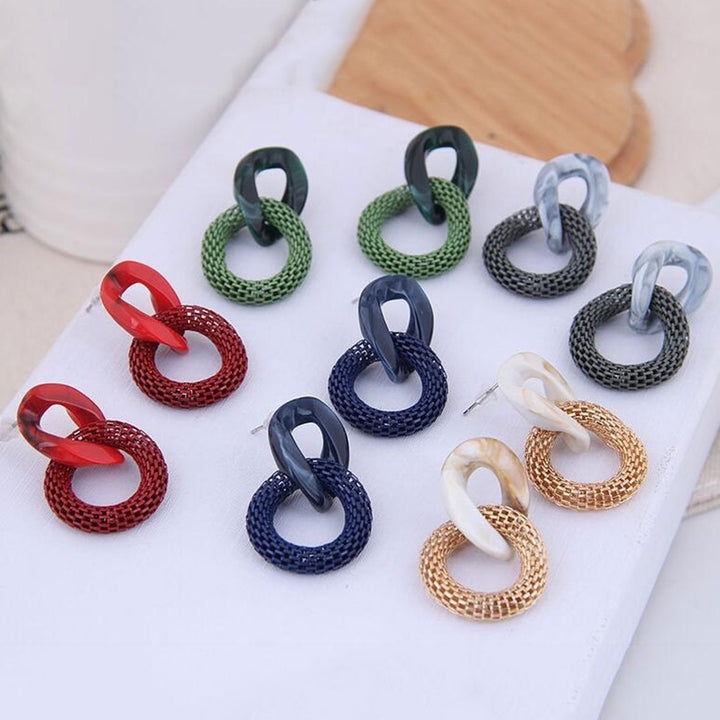 Women Fashion Acrylic Mesh Linked Circle Pendant Stud Earrings Party Jewelry Image 7