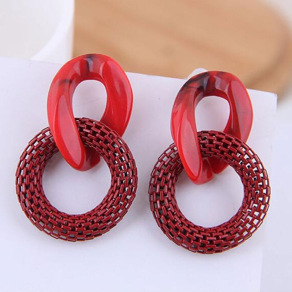 Women Fashion Acrylic Mesh Linked Circle Pendant Stud Earrings Party Jewelry Image 8