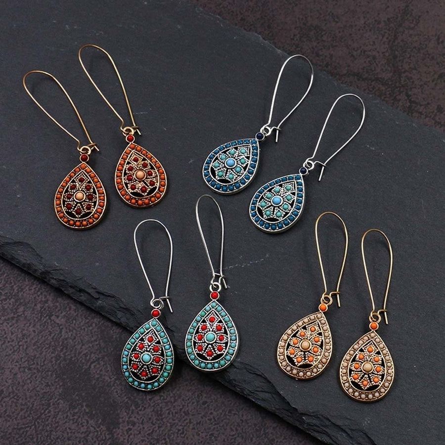 Bohemian Women Beads Faux Turquoise Inlaid Hollow Teardrop Dangle Hook Earrings Image 1