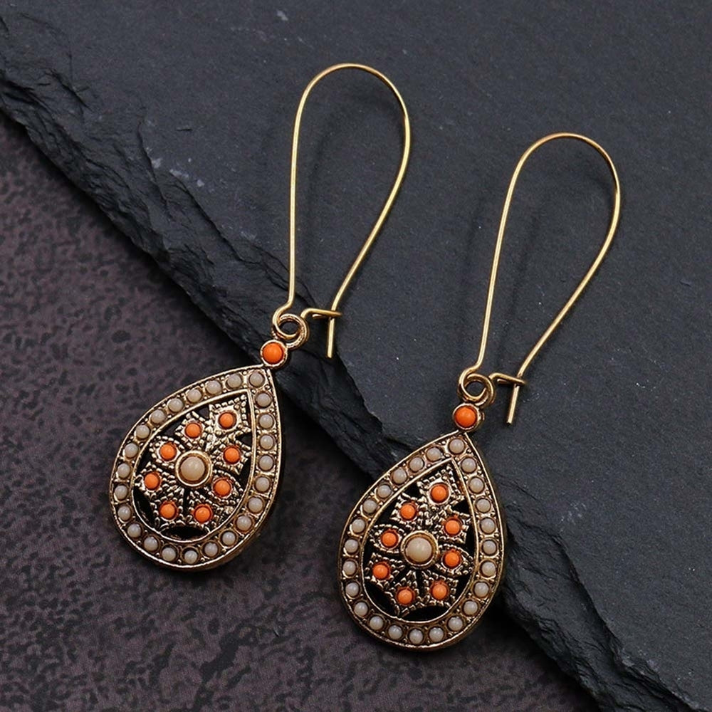 Bohemian Women Beads Faux Turquoise Inlaid Hollow Teardrop Dangle Hook Earrings Image 2