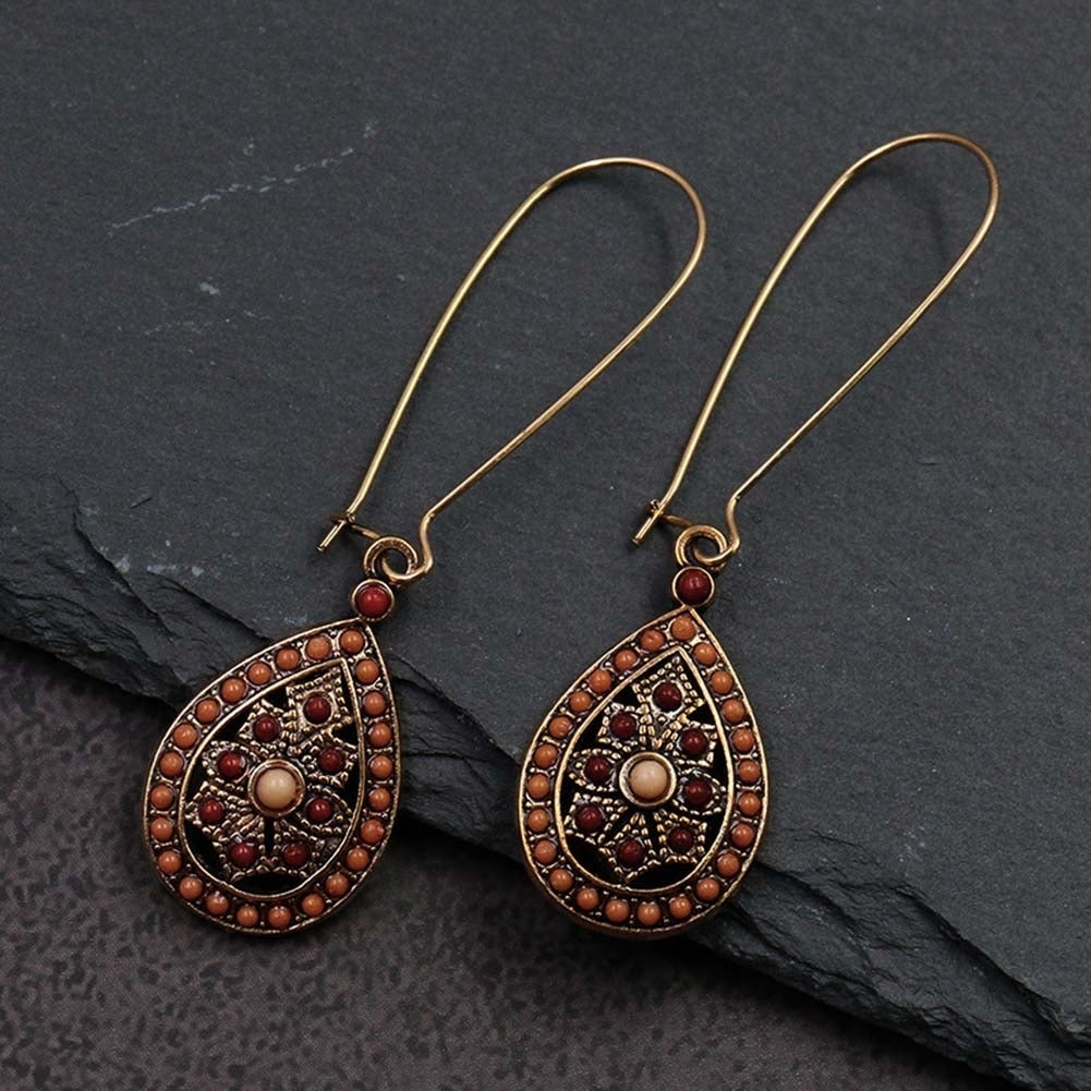 Bohemian Women Beads Faux Turquoise Inlaid Hollow Teardrop Dangle Hook Earrings Image 3